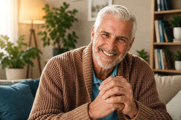 Senior man at home after astigmatism treatment at Southwestern Eye Center.