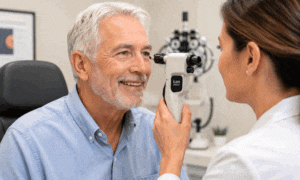 Senior man undergoing a eye pressure test to determine his cataract diagnosis at Southwestern Eye Center.