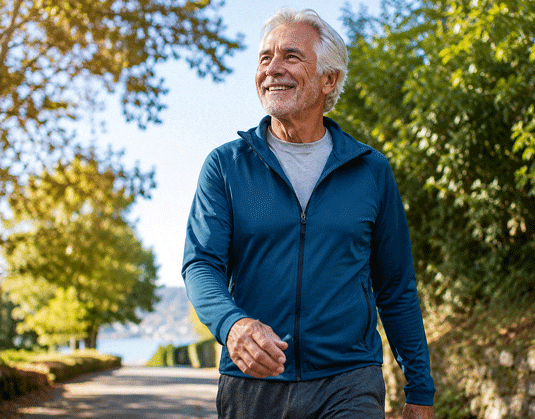 Senior man enjoying his morning walks again after his cataract diagnosis and treatment at Southwestern Eye Center.