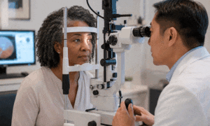 Senior woman taking a slit lamp test to determine her cataract diagnosis from Southwestern Eye Center.