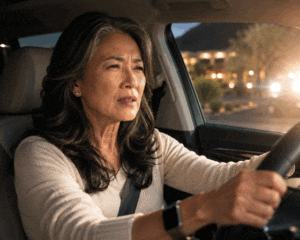 Senior woman having trouble with night driving and needs a cataract diagnosis from Southwestern Eye Center.