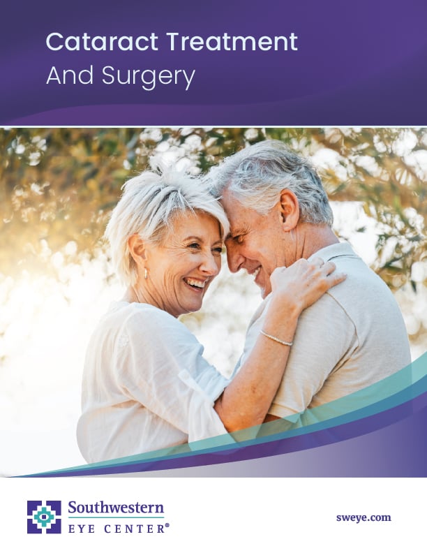 Cover of a comprehensive guide titled Cataract Treatment and Surgery, featuring an elderly couple smiling outdoors.