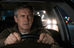 Middle aged man having trouble driving at night and squinting doesn't help, so he is wondering if does squinting mean you need glasses. Southwestern Eye Center.
