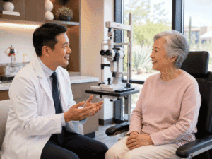 Senior woman in a cataract examination to determine if multifocal or trifocal lenses are appropriate for her lifestyle at Southwestern Eye Center.