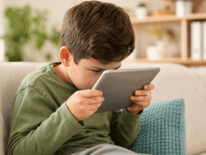 Child squinting to read his iPad and holding it too close to his face; has his mother wondering does squinting mean you need glasses? Southwestern Eye Center