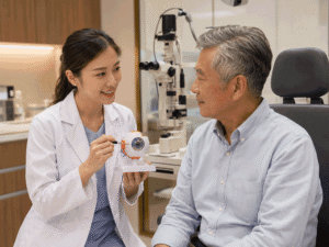 Eye doctor explaining light sensitivity and eye pain to her patient at Southwestern Eye Center.