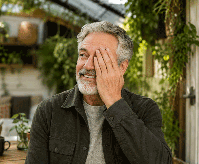 Senior man covering one eye while sitting on a lush enclosed patio, representing how flashes and floaters may affect everyday vision.