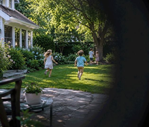 POV image of a dark shadow in side vision while watching grandchildren play in a lush backyard, representing urgent flashes and floaters symptoms.