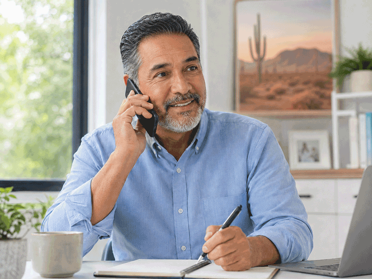 Man on the phone scheduling follow-up eye care, representing the importance of prompt evaluation for flashes and floaters at Southwestern Eye Center.