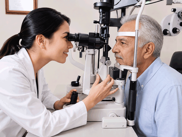 Eye doctor performing a slit lamp exam on a senior man, representing evaluation for flashes and floaters at Southwestern Eye Center.