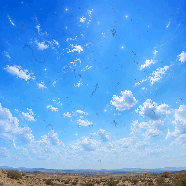 Illustration of flashes and floaters in vision over a bright Arizona landscape, showing specks, cobweb-like shapes, and brief light flashes.