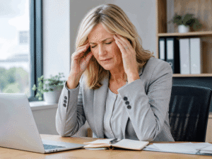 Older woman with a migraine at work from light sensitivity and eye pain, who needs treatment from Southwestern Eye Center.
