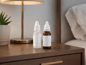 Prescription eye drops on a modern nightstand for light sensitivity and eye pain. at Southwestern Eye Center.
