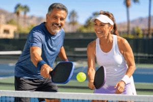 Senior couple enjoying a day of pickleball after choosing which multifocal and trifocal lenses are best for their active lifestyle with Southwestern Eye Center.
