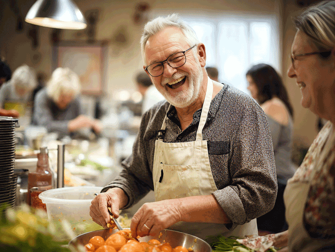 Senior man happily cooking with friends after learning the common causes of blurry vision at Southwestern Eye Center.