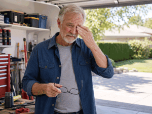 Senior man cleaning his garage but is suffering from irritated and dry eyes which one of the common causes of blurry vision at Southwestern Eye Center.