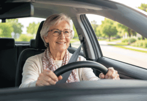 Senior woman driving with ease after her multifocal and trifocal lenses implants at Southwestern Eye Center.