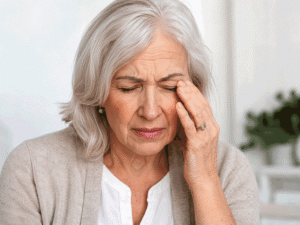 Senior woman is experiencing pain behind her eye which is one of the signs of optic nerve damage.