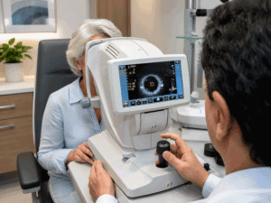 Senior woman having her retinas imaged as a art of her exam to find signs of optic nerve damage at Southwestern Eye Center.