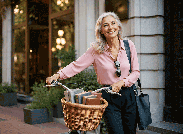Senior woman takes her bicycle to shop for books after her easy decision between multifocal and trifocal lenses at Southwestern Eye Center.