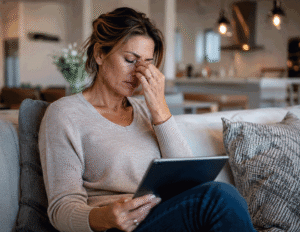 Woman on the couch at home reading her iPad has developed a headache from digital eye strain, and is now wondering does squinting mean you need glasses? Southwestern Eye Center