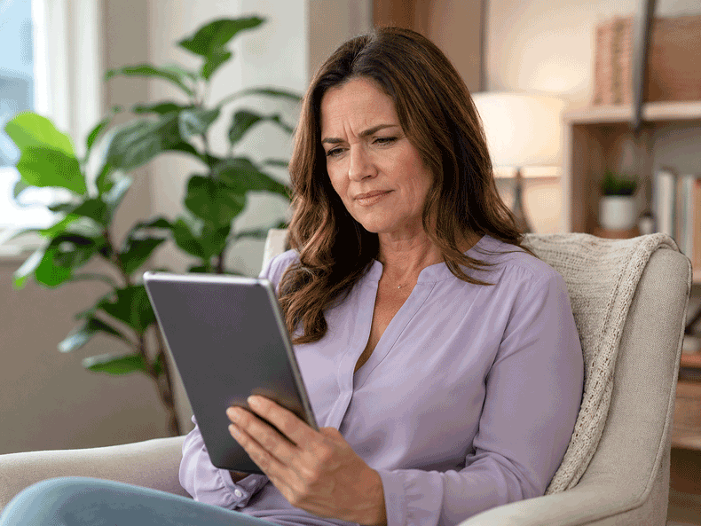 Woman in a light purple blouse sitting in a comfortable chair and having difficulty reading on her iPad, with a plant in the background.