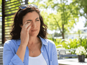Woman suffering from gritty and dry eye from her light sensitivity and eye pain.