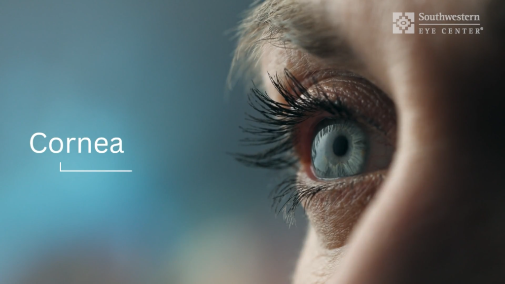 The video describes the cornea as the clear, dome-shaped front surface of the eye that provides most of the eye's focusing power and helps produce clear vision. It highlights how changes to the cornea's shape, clarity, or health can cause symptoms such as blurry vision, glare, eye pain, redness, tearing, and light sensitivity. The video discusses several corneal conditions treated at Southwestern Eye Center, including keratoconus, corneal edema, Fuchs dystrophy, corneal scarring, dry eye disease, and corneal abrasions or injuries. It emphasizes the importance of comprehensive eye examinations and advanced diagnostic technology to identify causes of symptoms and protect vision, concluding with an invitation to schedule a comprehensive eye exam at Southwestern Eye Center.