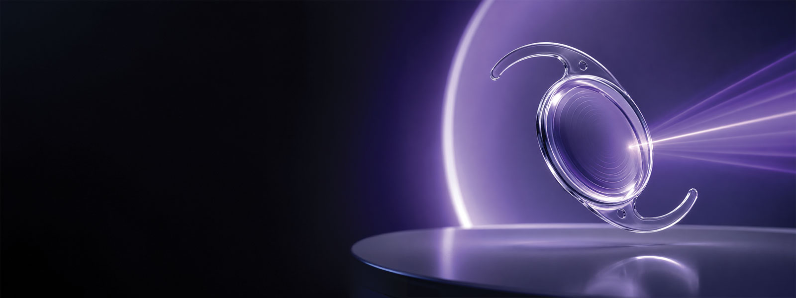 Purple futuristic intraocular lens floating in a high-tech setting with a focused beam of light illustrating Light Adjustable Lens customization after cataract surgery.