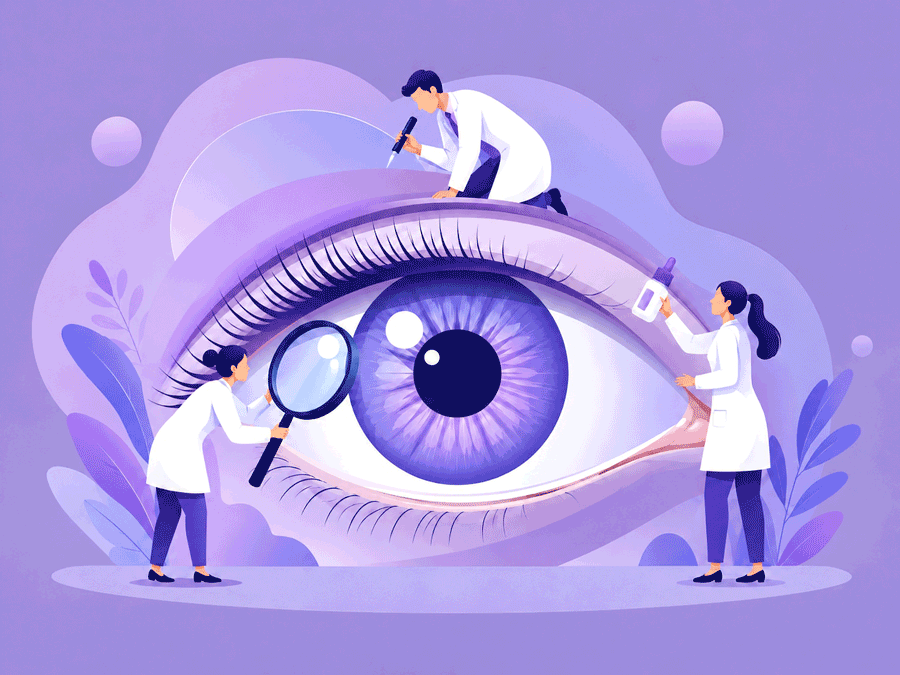 Purple clip art illustration of eye care professionals examining a large eye, representing conditions a comprehensive eye exam can help diagnose at Southwestern Eye Center.