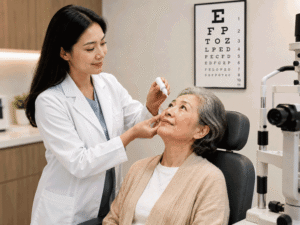 Eye doctor applying dilating drops for a senior patient during a comprehensive eye exam at Southwestern Eye Center.