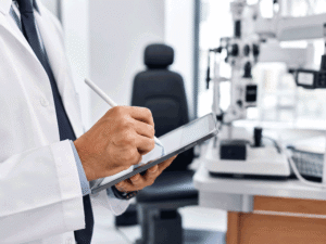 Eye doctor writing patient notes on an iPad in a professional exam room, illustrating a comprehensive eye exam at Southwestern Eye Center.