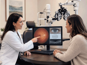 Eye doctor reviewing eye health results with a patient in a modern exam room, illustrating what a comprehensive eye exam can help diagnose at Southwestern Eye Center.