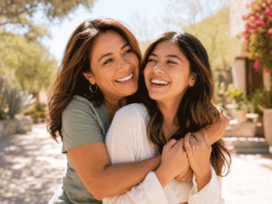 Mother and daughter laughing together outdoors on a sunny day, illustrating the importance of a comprehensive eye exam for every life stage at Southwestern Eye Center.
