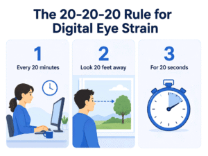 Simple 20-20-20 rule graphic showing three steps to help reduce digital eye strain symptoms for Southwestern Eye Center.