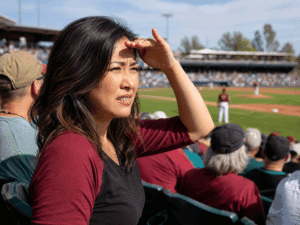 35-year-old woman shielding her eyes from bright sunlight at an outdoor baseball game, illustrating light sensitivity and digital eye strain symptoms for Southwestern Eye Center.