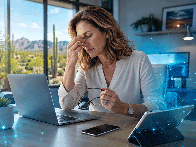 Woman rubbing her eyes while surrounded by digital devices, illustrating digital eye strain symptoms for Southwestern Eye Center.