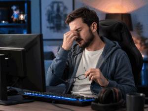 35-year-old gamer rubbing his eyes at a computer, illustrating digital eye strain symptoms for Southwestern Eye Center.