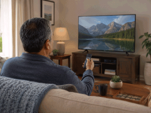 60-year-old man adjusting TV brightness to match room lighting, illustrating a home screen setup tip for digital eye strain symptoms at Southwestern Eye Center.