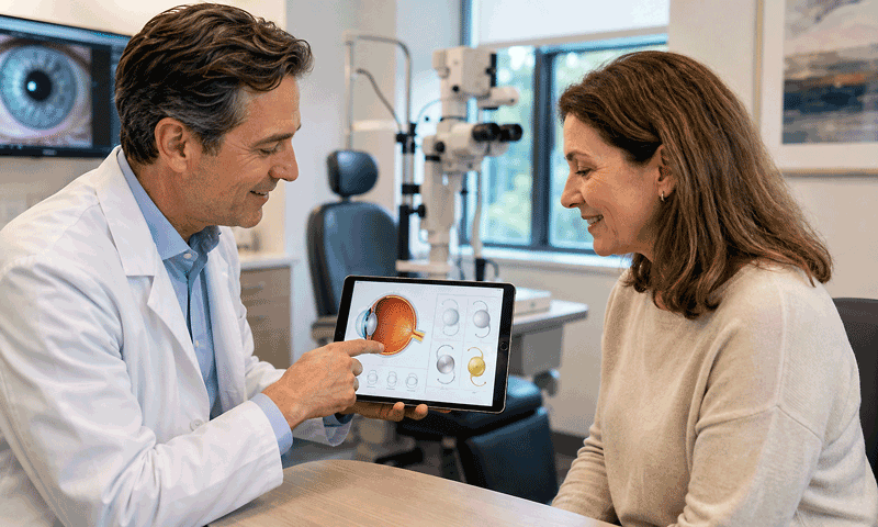 Eye surgeon reviewing intraocular lens options with a patient on a digital tablet during a consultation.