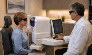 Ophthalmologist performing an in-office UV light adjustment for a Light Adjustable Lens while a patient wears protective glasses.