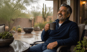 Happy senior man enjoying a rainy day with a warm drink on his backyard patio in Phoenix