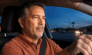 Older man squinting in a car at dusk, illustrating night-driving concerns in Southwestern Eye Center’s cataract symptoms guide.