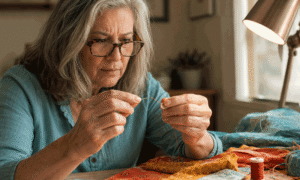 Older woman concentrating on threading a needle beneath a lamp, illustrating daily tasks in Southwestern Eye Center’s cataract symptoms guide.