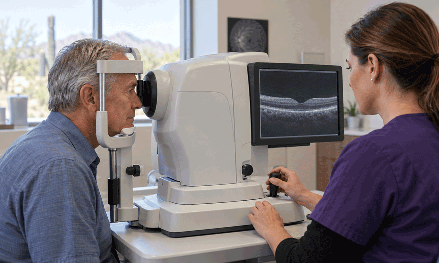 Older patient receives an OCT retinal scan as part of macular degeneration treatment planning at Southwestern Eye Center.