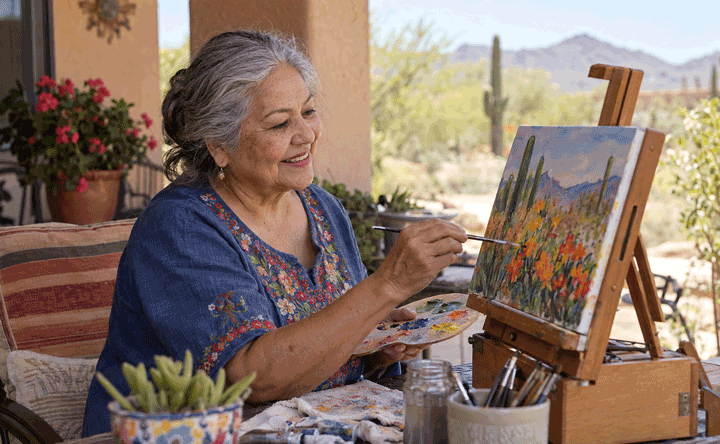 Older woman paints desert flowers on an Arizona patio, illustrating the daily activities supported by macular degeneration treatment.