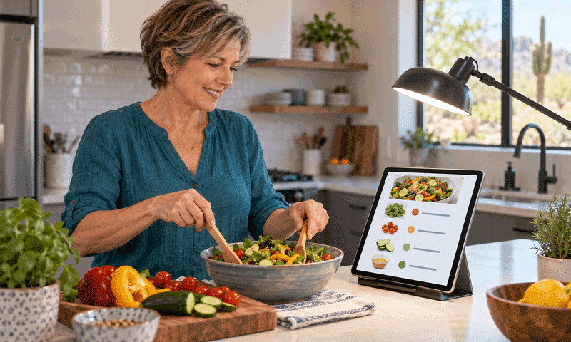 Woman uses a high-contrast tablet and task lighting while preparing a meal, illustrating vision support alongside macular degeneration treatment at Southwestern Eye Center.