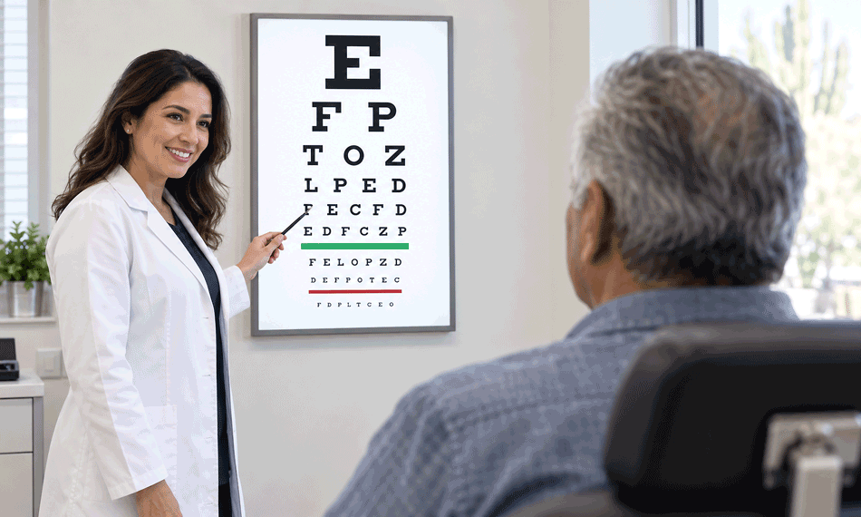 Southwestern Eye Center eye doctor points to a visual acuity chart during a macular degeneration treatment evaluation with an older patient.
