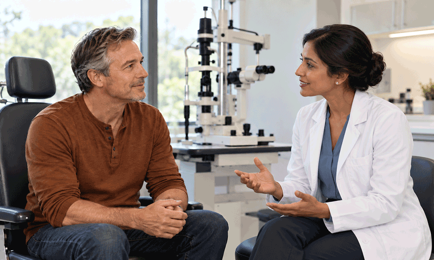 Middle-aged male patient speaking with a female eye doctor in a modern exam room, accompanying Southwestern Eye Center’s retinal detachment guide.